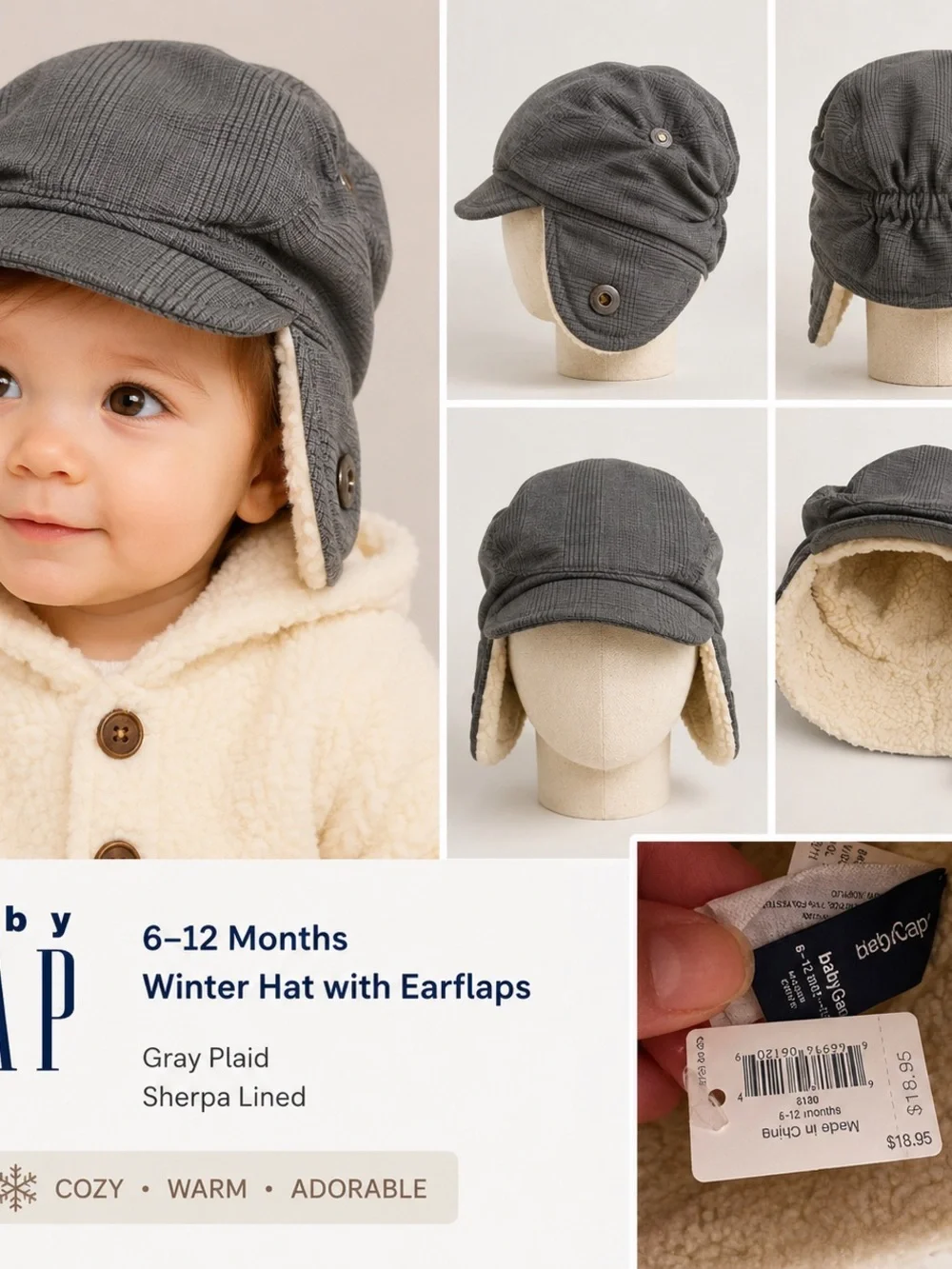 GAP Gray Sherpa-Lined Baby Winter Hat with Earflaps
